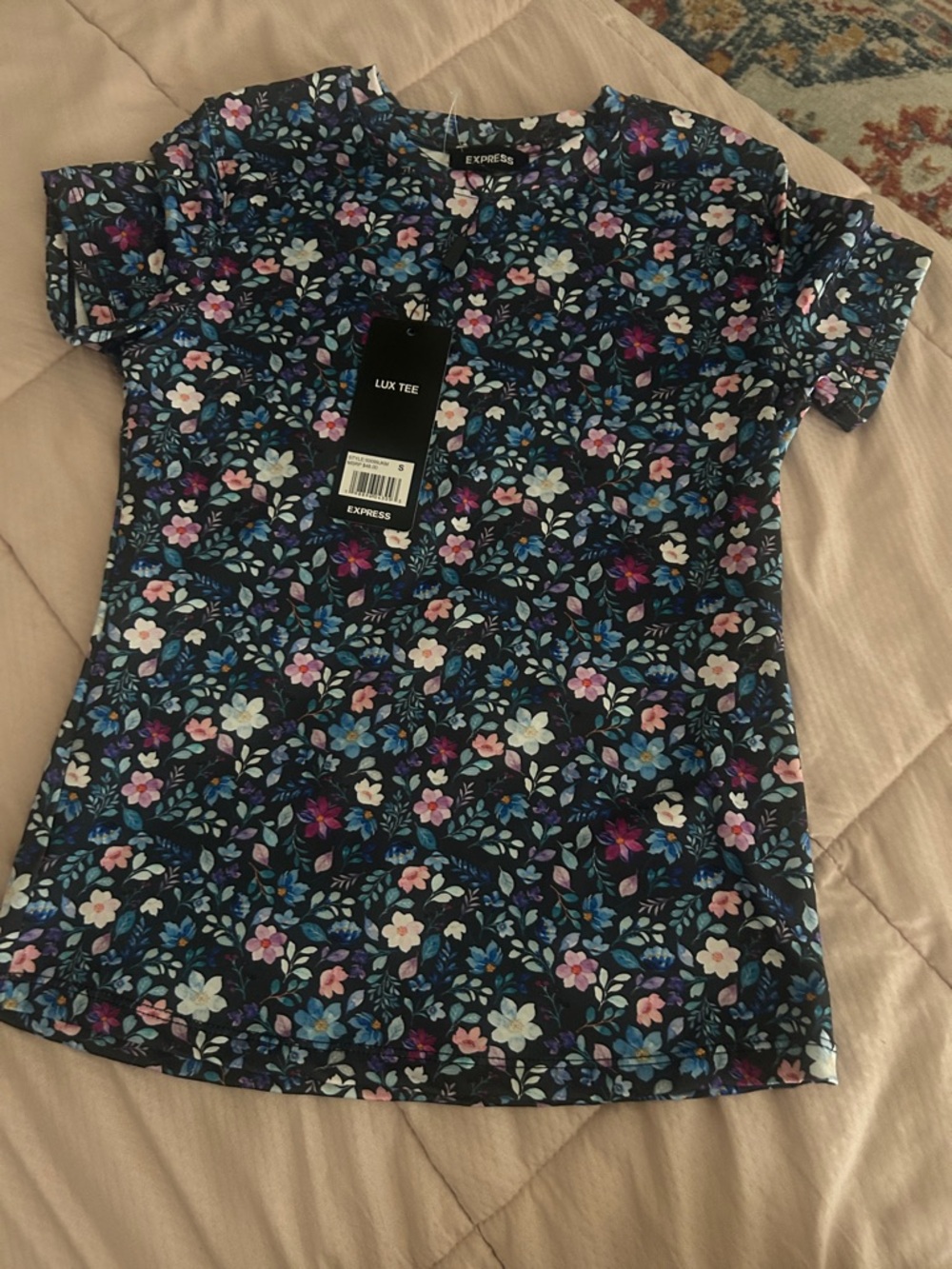 NWT Lux Tee Express Navy Floral Tee with Pink, Purple & Blue Blooms - Picture 3 of 3